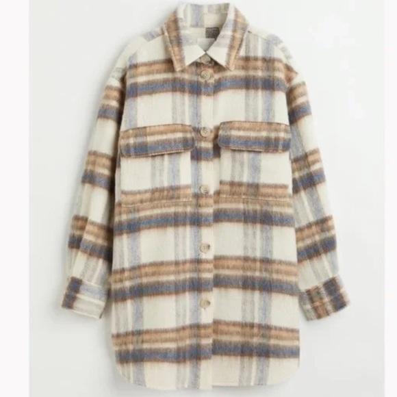 H&M Beige Plaid Wool Blend Oversized Shacket Coat - Picture 6 of 11